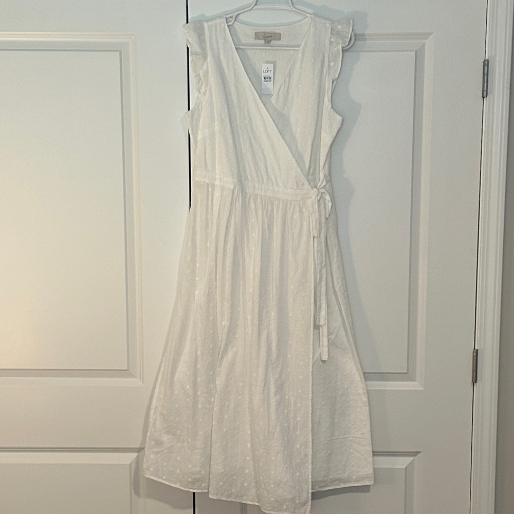 NWT LOFT White Eyelet Wrap Midi Dress M Ruffle Bridal Shower Feminine cotton - Picture 8 of 8